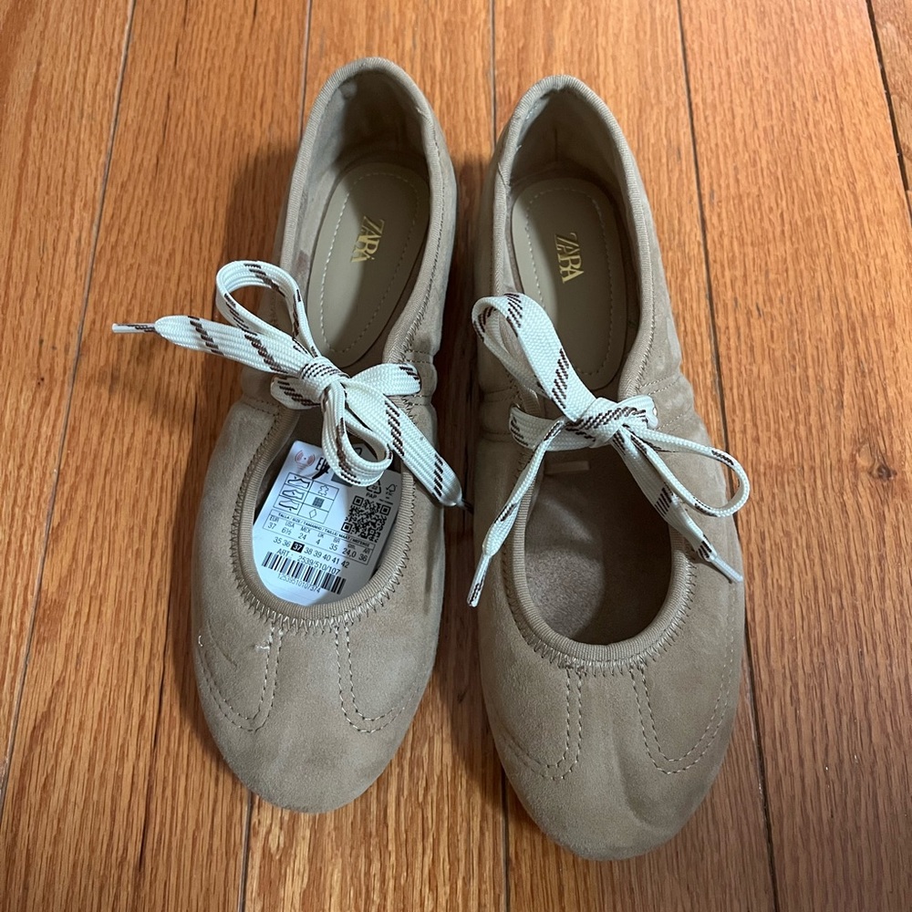 NWT Zara leather lace up ballerina flats